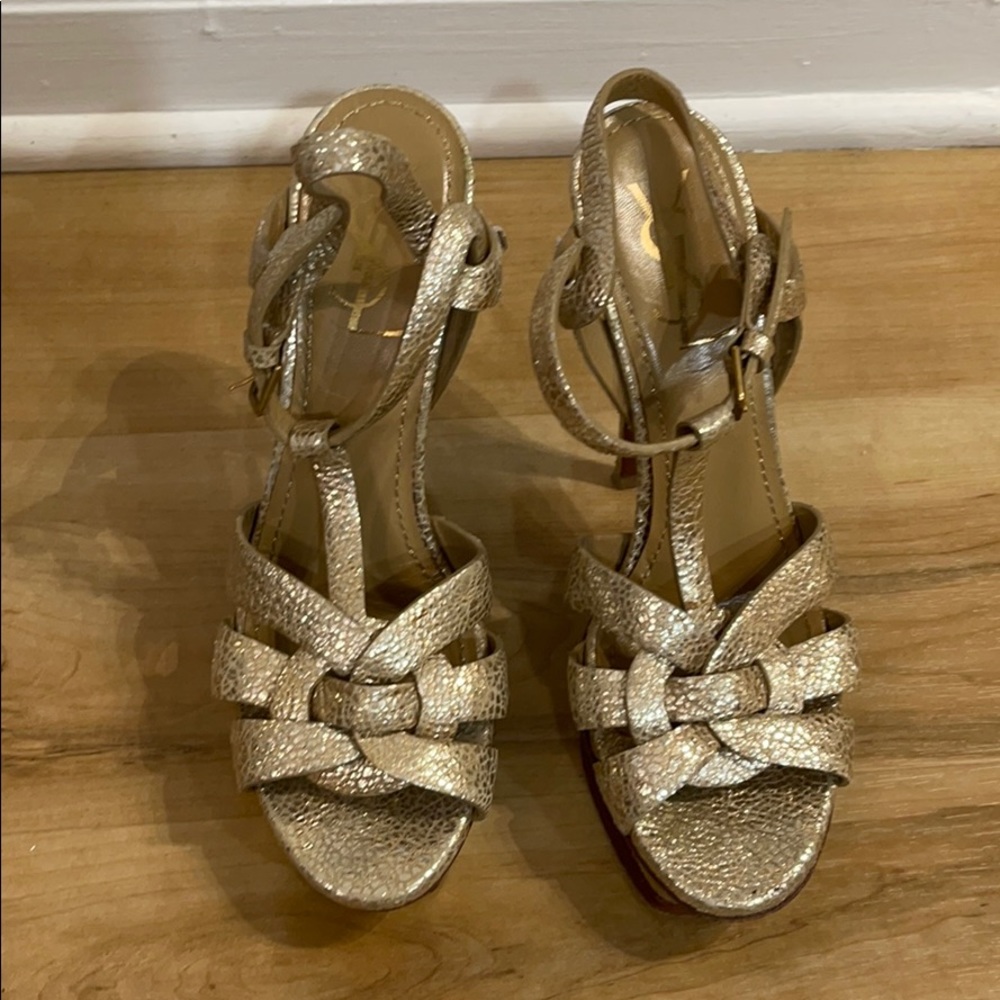 100% Authentic YSL Tribute platform gold heels w/ wooden bottom